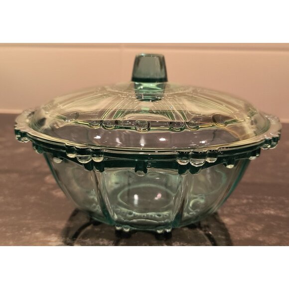 Vintage TurquoGlass Lidded Candy Dish With Decorative Beaded Edge & Knob Handle - Picture 1 of 3